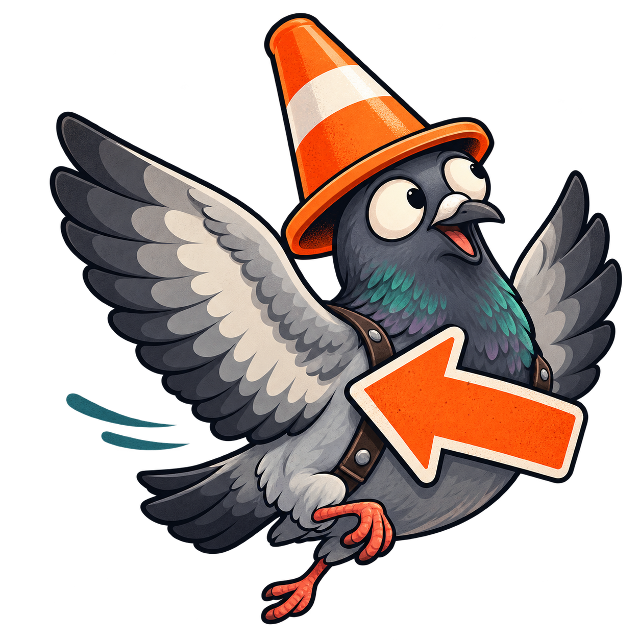 Wrong Pigeon wearing a traffic cone